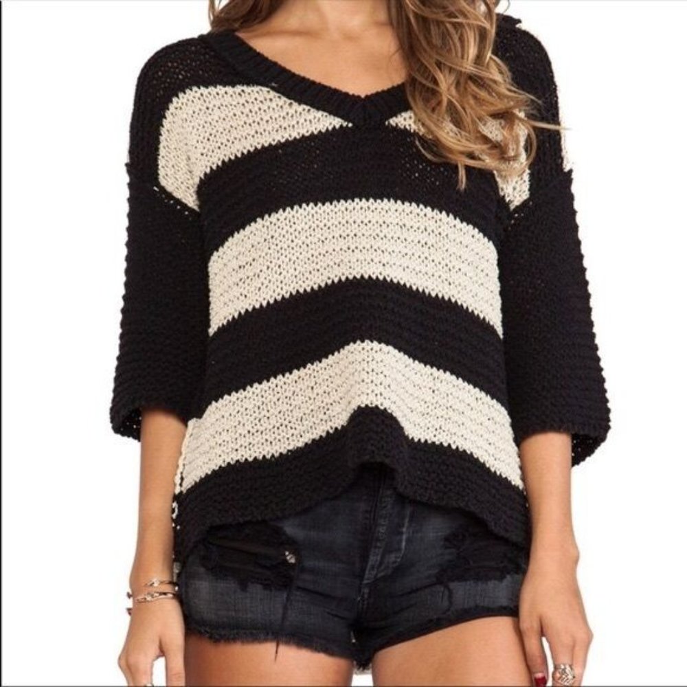 Free People Park Slope Tan & Black Knit Striped V Neck Sweater